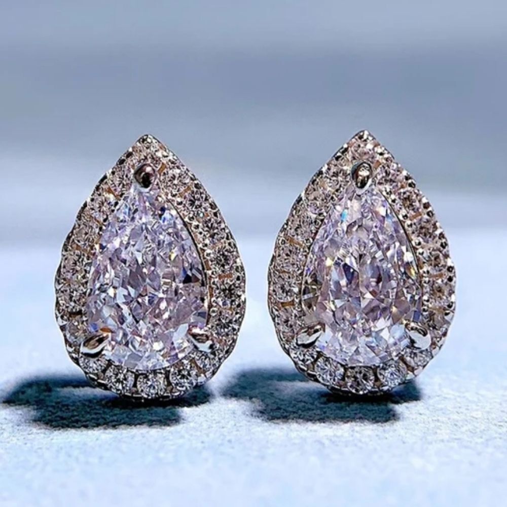 Teardrop Halo Cubic Zirconia Stud Earrings - White